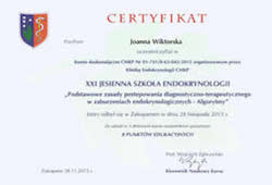 Dyplomy i certyfikaty Joanna Wiktorska Endokrynolog Łódź