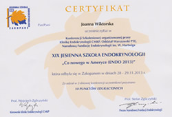 Dyplomy i certyfikaty Joanna Wiktorska Endokrynolog Łódź