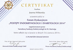 Dyplomy i certyfikaty Joanna Wiktorska Endokrynolog Łódź